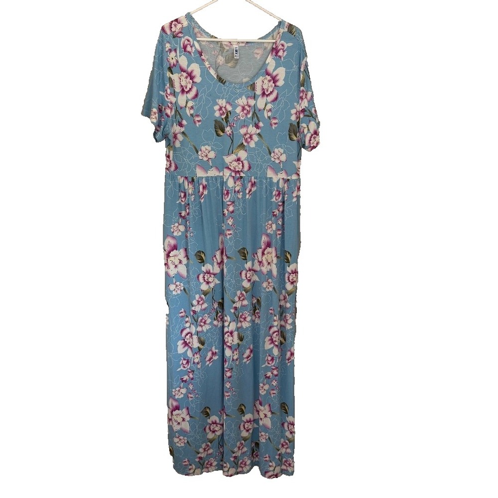Womens Blue Boho Floral Maxi Dress Sz 3XL SS Pockets Stretch Babydoll Romantic